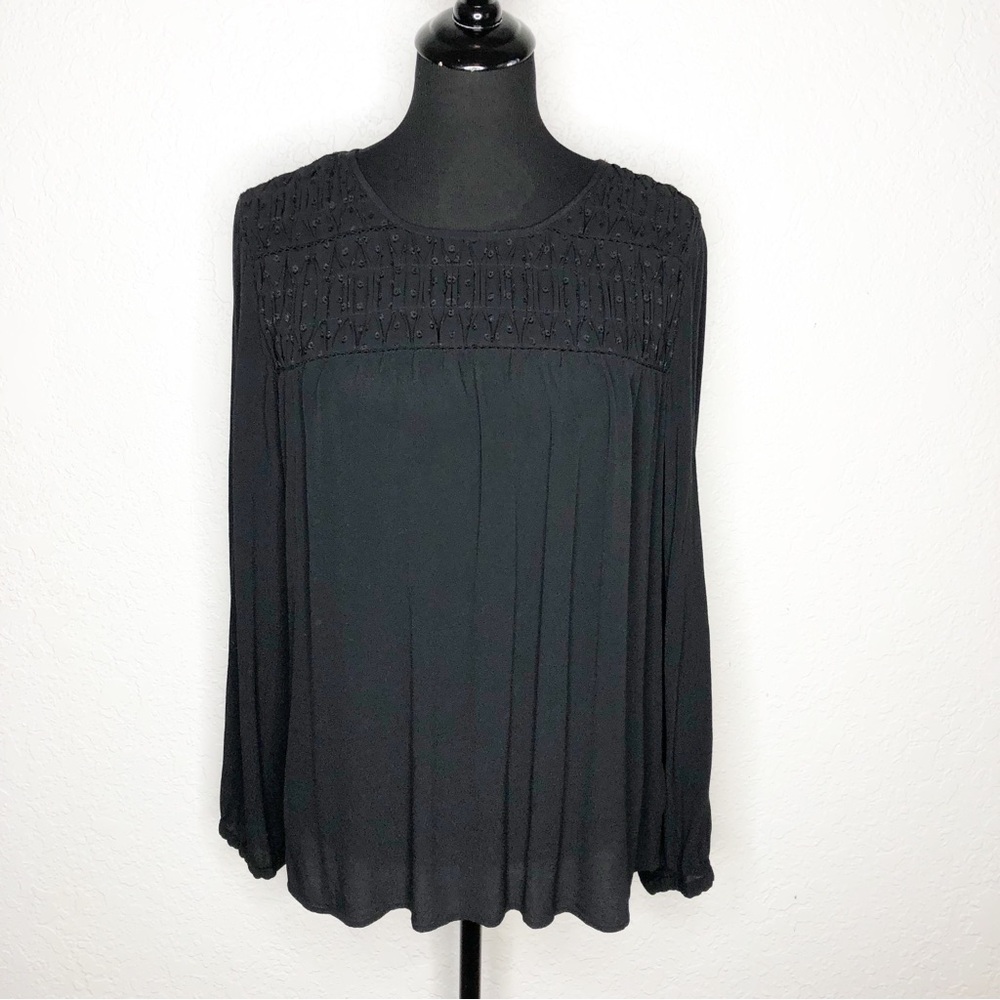 Anthropologie Meadow Rue black swiss dot long sleeve top size Large boho peasant